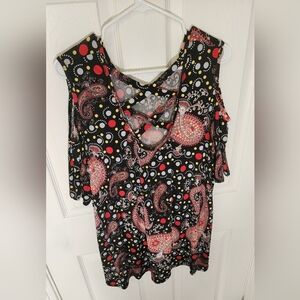 Womens Stretchy Cut Out Criss Cross Back Paisley Blouse